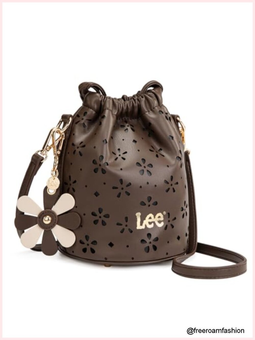 Faux Leather Drawstring Bucket Crossbody Purse with Flower Charm